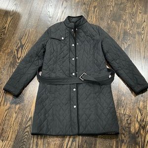 J. McLaughlin black knee-length layered coat- stylish- perfect for early spring